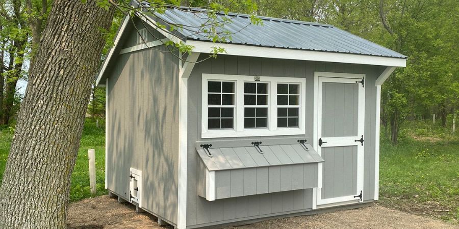 Image of a chicken coop in a free-range environment.