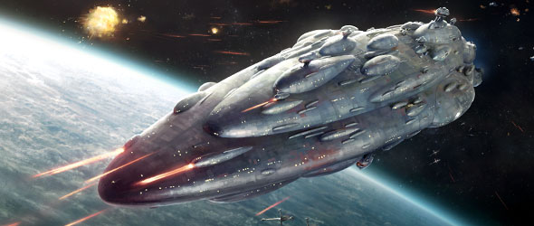 Rebel cruisers desperately defend a planet from an incoming Imperial Star Destroyer fleet, highlighting the tension of a desperate battle.