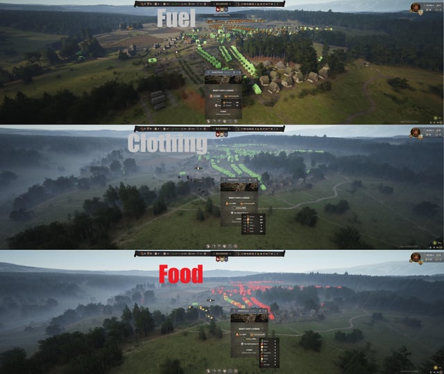 A close-up screenshot from Manor Lords showing peasants working diligently in a field of wheat ready for harvest, highlighting the importance of agricultural labor and timing in the game.