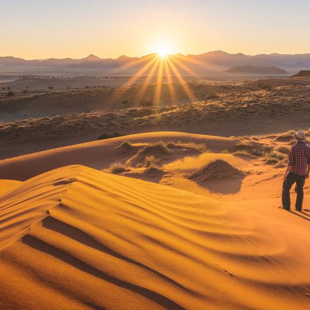 Dune 45 at sunrise, bathed in orange and red light. This image captures the beauty of the Namib Desert and illustrates the visual spectacle of sunrise over the dunes.