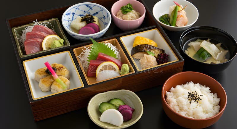 A meticulously arranged Kaiseki course, showcasing the vibrant colors and textures of seasonal ingredients, capturing the artistry and precision of Japanese haute cuisine