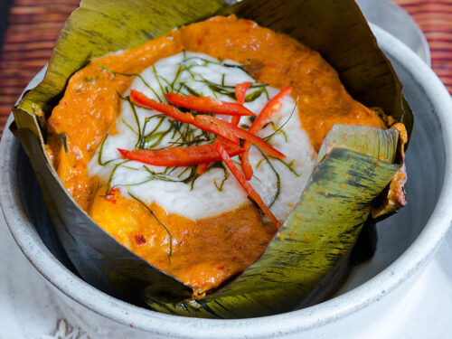 Close-up shot of ingredients for Amok Trey