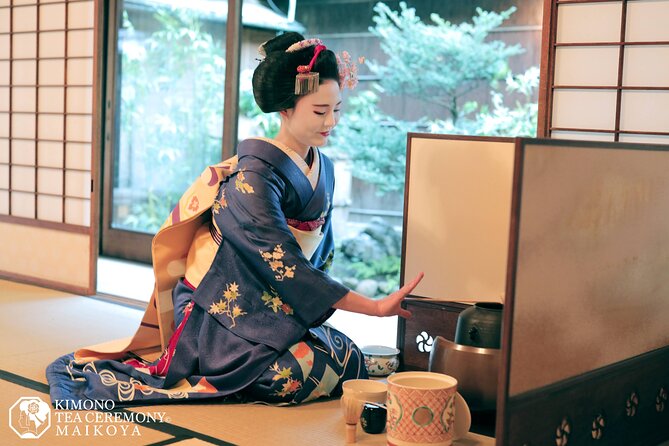 A maiko gracefully preparing tea during a traditional Japanese tea ceremony at Tawaraya Ryokan, emphasizing the sensory details and cultural significance