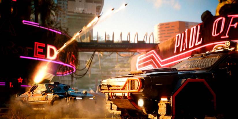 Screenshot comparing the appearance of Night City with ray tracing overdrive mode off vs. on, specifically highlighting reflections on a rain-soaked street in Dogtown, showcasing the difference in detail and realism