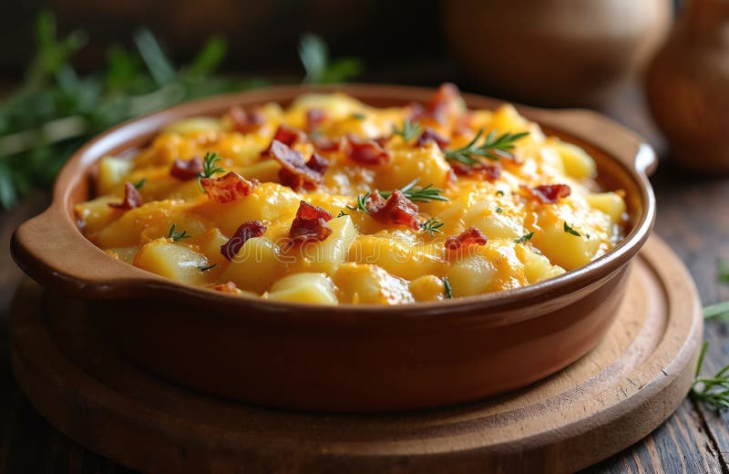 Delicious hot French tartiflette with creamy cheese, tender potatoes, and bacon, served in a ceramic pot on a wooden surface, showcasing rustic cuisine