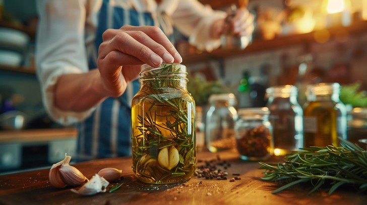 Woman rinsing hair with herbal tea glass pitcher