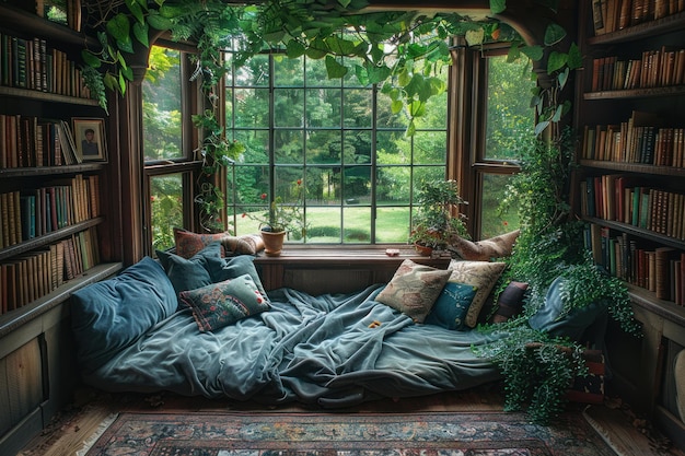 A reading nook illuminated by a table lamp with a warm, amber-toned Edison bulb. String lights with warm white LEDs are draped along a bookshelf, adding a soft, inviting glow to the space.
