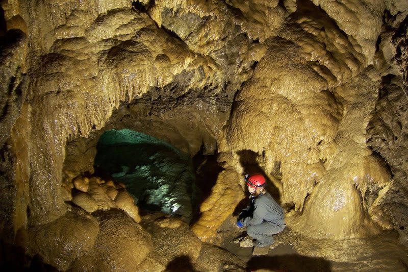 A group of cavers exploring Rat's Nest Cave, navigating through narrow passages and admiring the stalactites and stalagmites. The image highlights the adventure and geological wonder of the cave tour experience.
