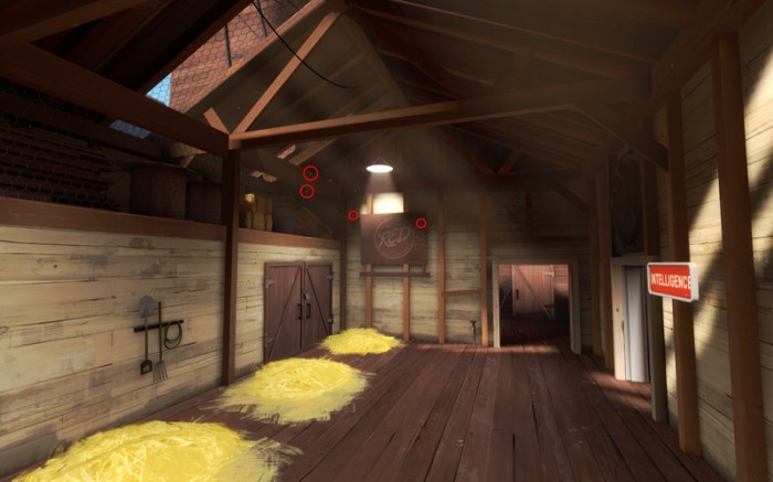 Close-up of bullet-riddled walls and rusted machinery in Team Fortress 2's Gravel Pit map. Include volumetric lighting, dust particles, and detailed texture work.