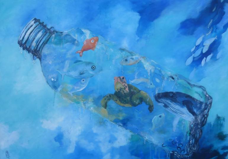 A close-up of a hand sorting through colorful plastic beach trash.