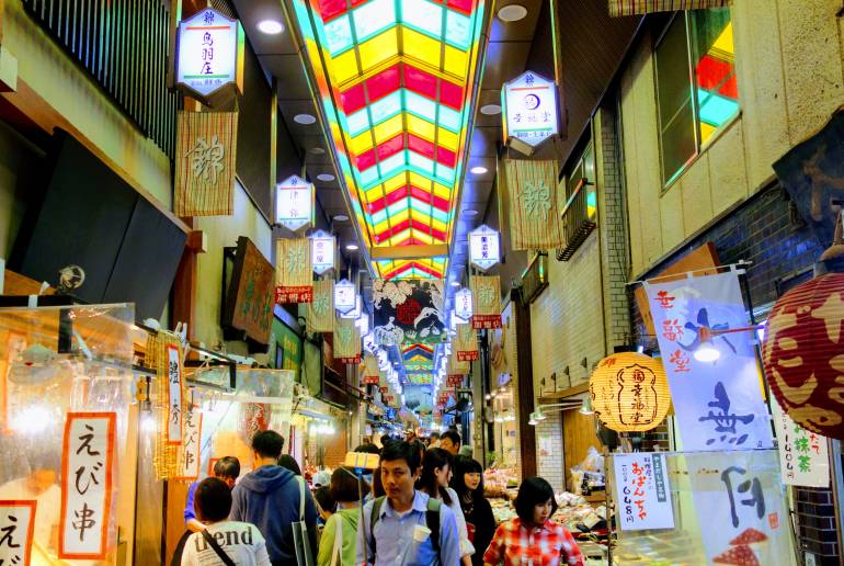 A vibrant display of colorful pickles at Nishiki Market