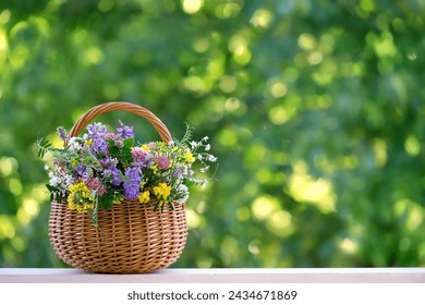 Basket freshly-harvested herbs flowers garden