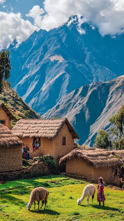 A panoramic view of rugged mountain peaks under a blue sky, emphasizing the vastness of mountain landscapes