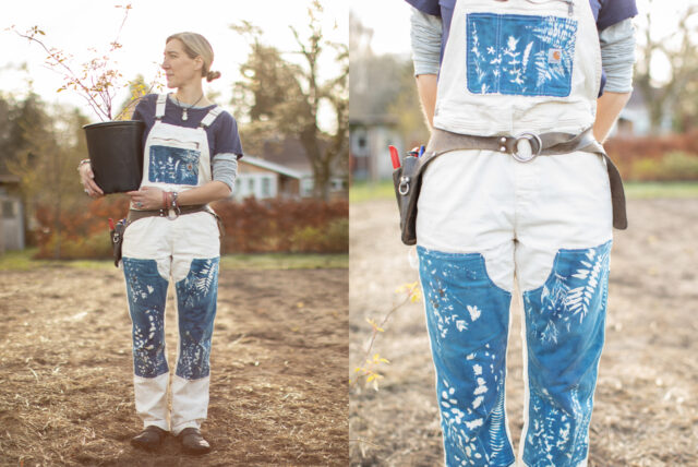 homesteader mending denim overalls outdoors