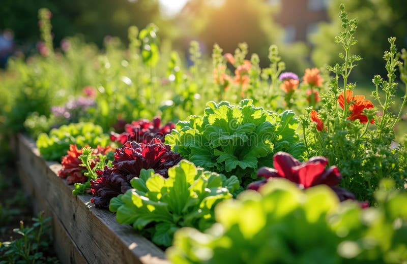 close-up thriving raised-bed garden mix herbs vegetables rich green red leaves wooden planter box sunlight