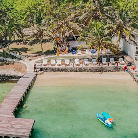 A serene view of a boutique hotel nestled in a tropical rainforest, showcasing its eco-friendly architecture and lush surroundings.