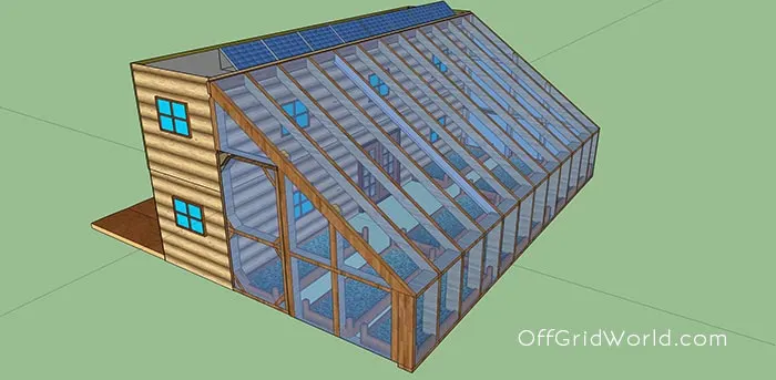 A shipping container home with a greenhouse attached
