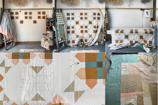 Quilt sheets gently waving clothesline sunny