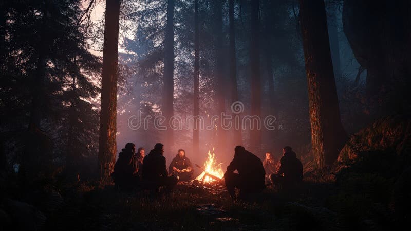 A firelit homestead scene at twilight with a family gathered around a bonfire, symbolizing warmth and connection.