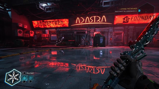 A character stands silhouetted against the bright lights of Dogtown, highlighting the game's film noir aesthetic and atmospheric depth.