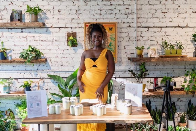 Suds & Soul product display with natural elements and a minimalist aesthetic.