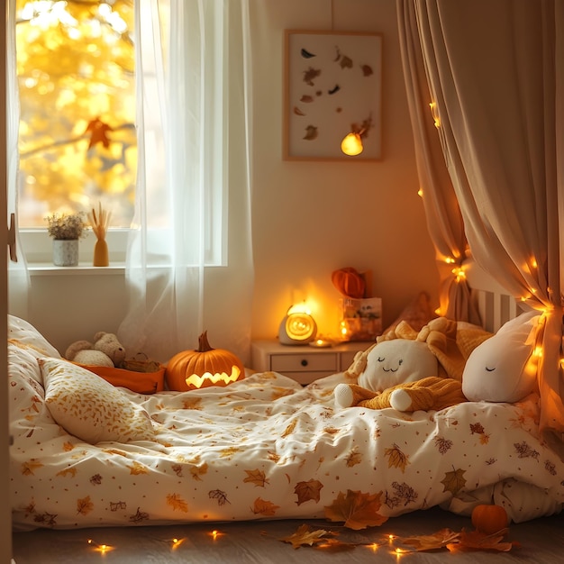 Warm light from the fireplace illuminating pumpkin decor.