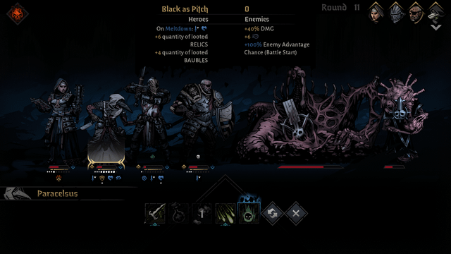 A party of heroes stands battered and bruised before the final door to the boss, highlighting the stress and afflictions the party is facing.