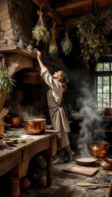 Warm-toned fairy lights woven through the drying rack, illuminating the drying herbs and creating a cozy, magical atmosphere in the farmhouse kitchen.