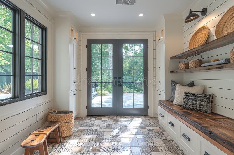 A durable and washable floor mat made of natural fibers placed at the entrance, effectively trapping dirt and moisture while maintaining a minimalist aesthetic.