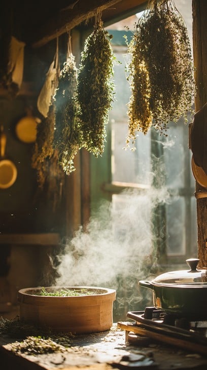 Selection dried herbs jars blending