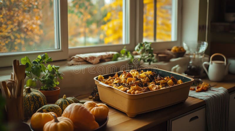 Image of food scraps and compost bin