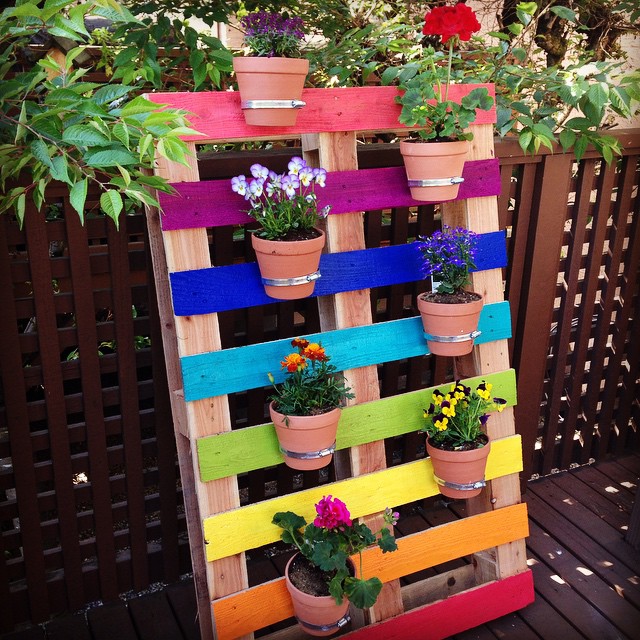 A colorful pallet planter.