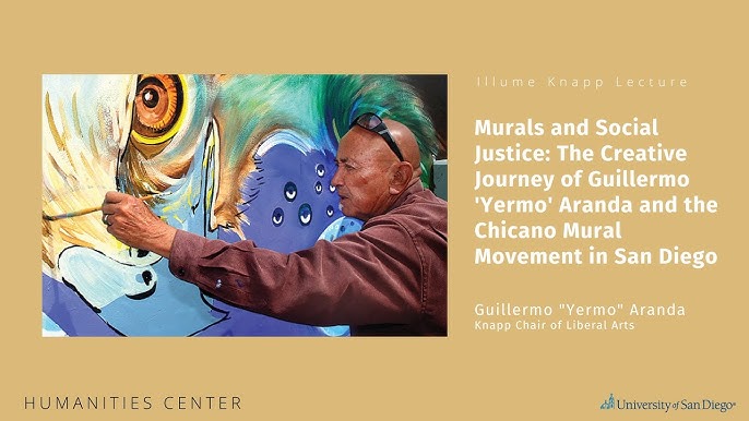 A comparison image of Leo Tanguma's DIA mural alongside his earlier anti-war mural. The comparison is meant to highlight the common themes of social justice, cultural pride, and resistance to oppression.