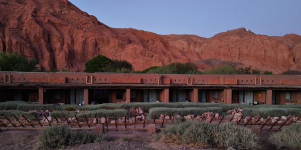A tourist building a solar still under the guidance of a survival expert, with a backdrop of the vast Atacama desert