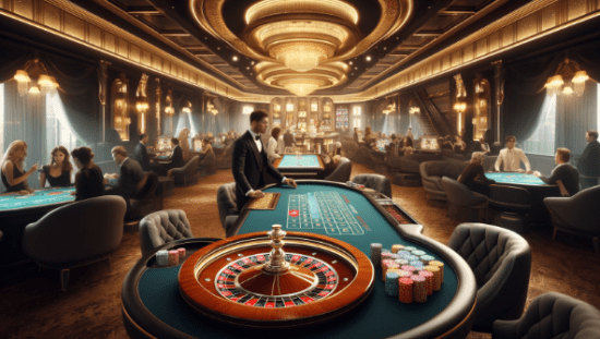 Interior of The Obsidian Hotel's casino, showing blackjack tables and slot machines with elegant lighting