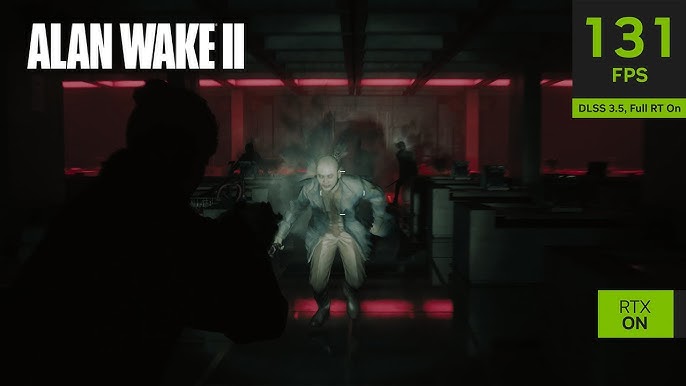 Alan Wake in the Dark Place, emphasizing the surreal and nightmarish atmosphere. Highlighting the use of ray tracing to render realistic lighting and shadows.