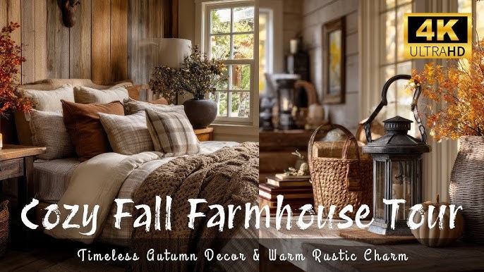 A farmhouse porch decorated for fall with pumpkins, cornstalks, and a rustic wooden bench, highlighting natural and sustainable outdoor decor ideas.