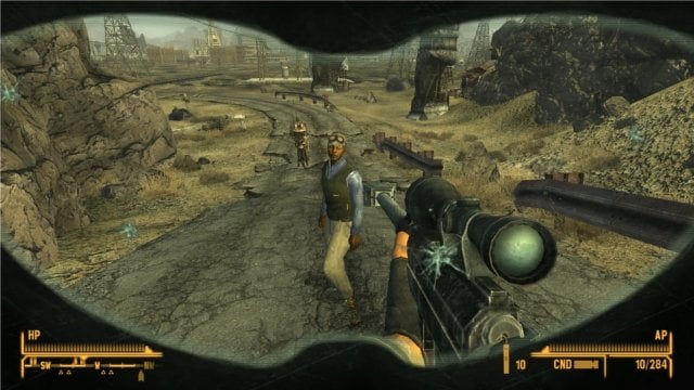 A comparison shot showcasing the Rebalance module's altered HUD, emphasizing the re-positioned compass and different text fonts. The player is engaged in combat. The NVSE version number is on the launcher.