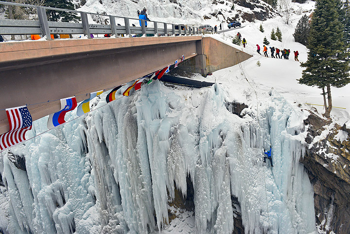 A climber scales a frozen waterfall in Ouray Ice Park