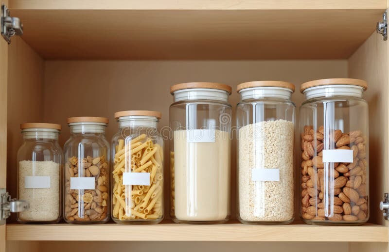 Home dry vegetarian food storage glass jars shelf kitchen nuts grains pasta rice assortment containers neatly organized.
