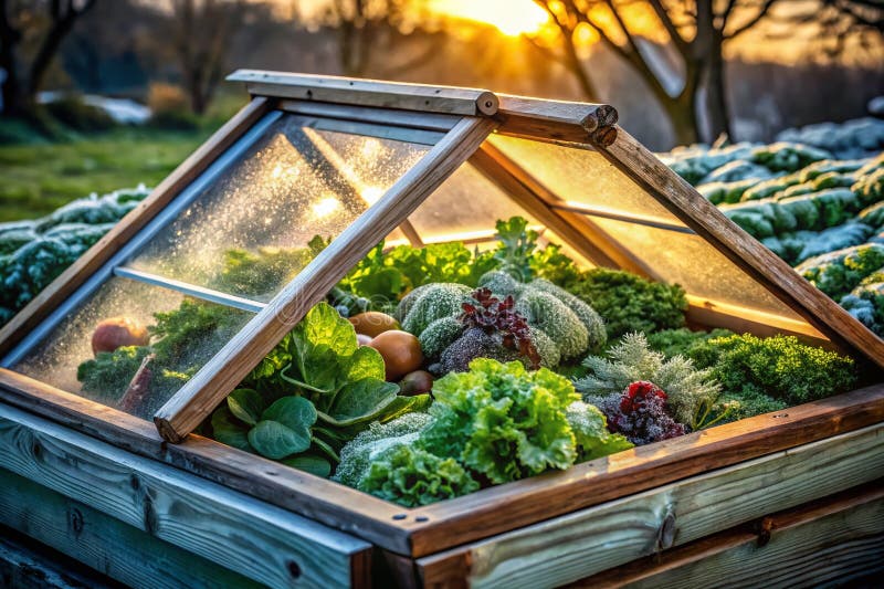 Close-up of vibrant, frost-kissed kale and spinach leaves in a garden bed