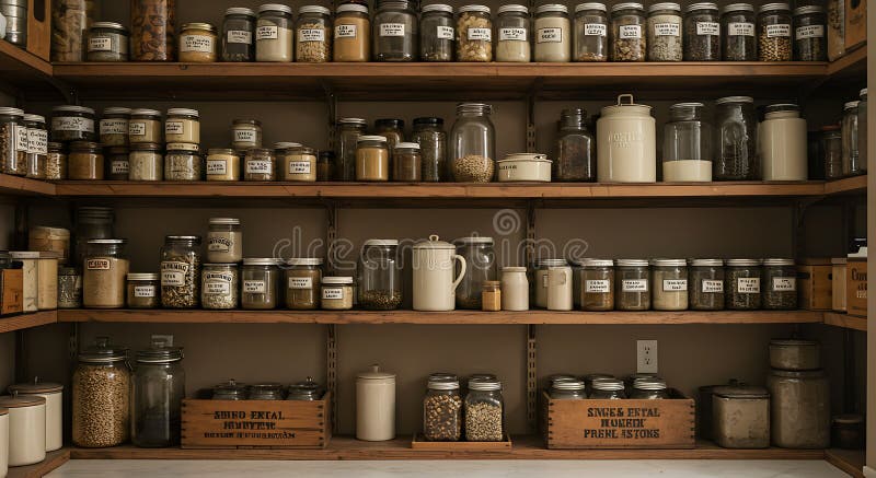 pantry shelves with glass jars and wooden crates