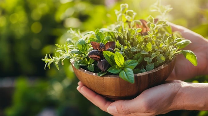 Close-ups of individual vegetables and herbs