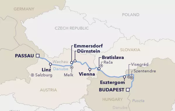 Danube River in Passau, Germany, where Viking River cruises embark, highlighting the historical architecture along the riverbanks.