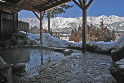 A traditional Japanese Ryokan nestled in the snow-capped Japanese Alps
