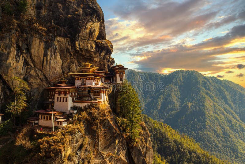 The Taktsang Monastery (Tiger's Nest) clinging to a cliffside in Paro Valley, Bhutan.