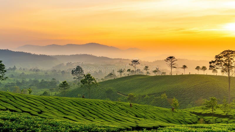 Wide-angle shot of a tea plantation at dawn, capturing the mist and the early morning light. The image is slightly underexposed to emphasize the atmospheric mood, with a shallow depth of field blurring the distant hills.