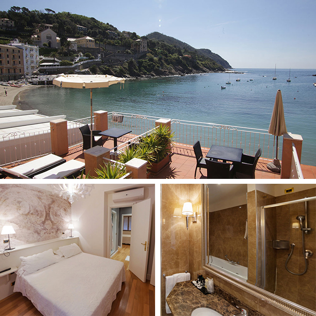 A stunning view of a luxurious hotel with the sparkling Italian Riviera in the background