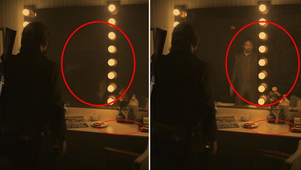 A showcase of the game's ray tracing capabilities. Focus on a scene with reflections on a wet, cobblestone street in Bright Falls at night, highlighting the accurate reflections of neon signs and streetlights.