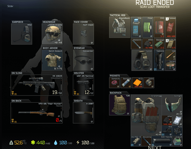 In-game screenshot of a player looting high-value items from a medical container on Labs.